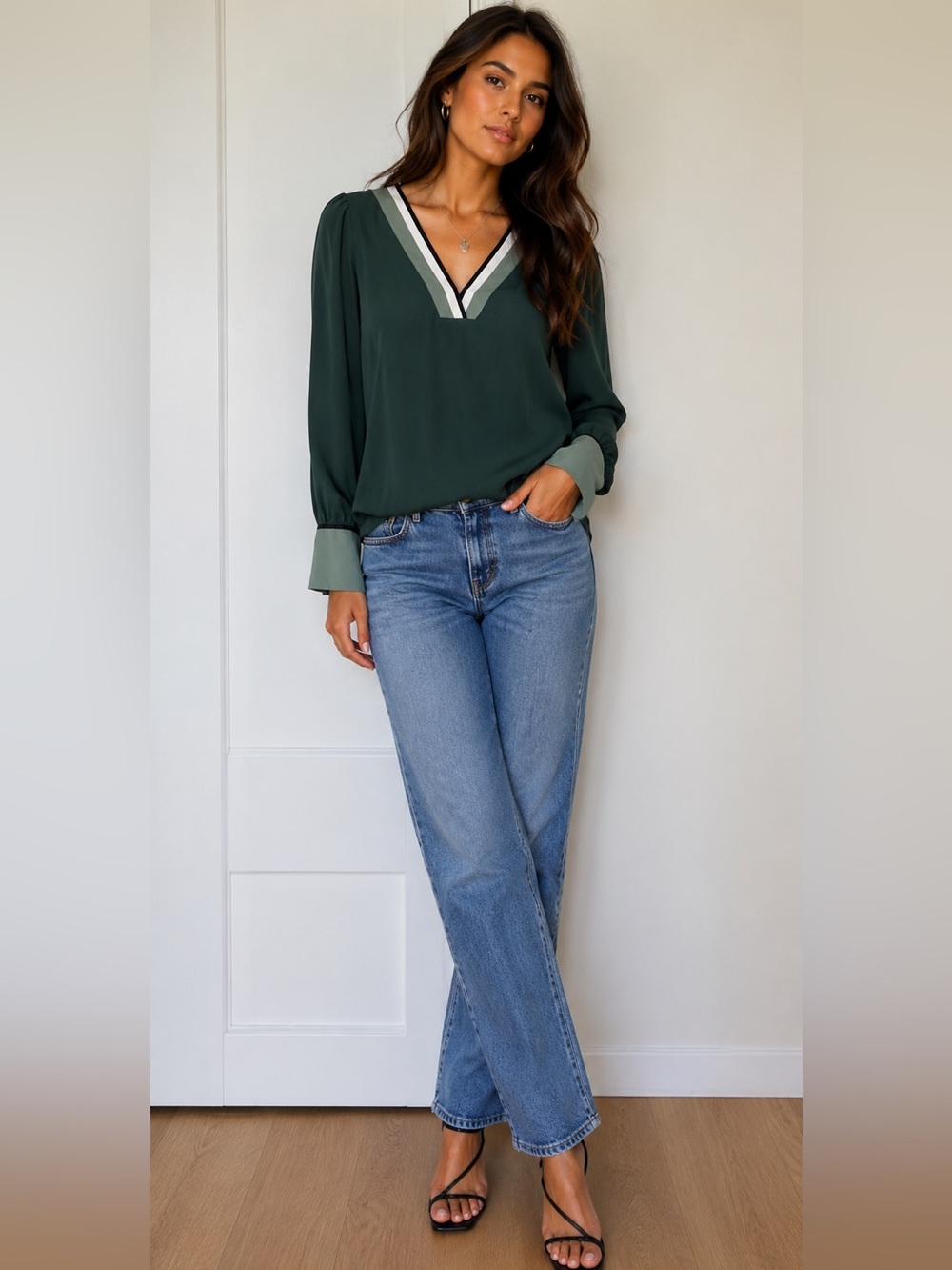 Express Women's Dark Green V-Neck Blouse